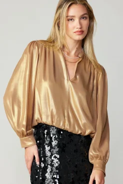 Clearance Metallic Bubble Hem Blouse Women Long Sleeve Tops
