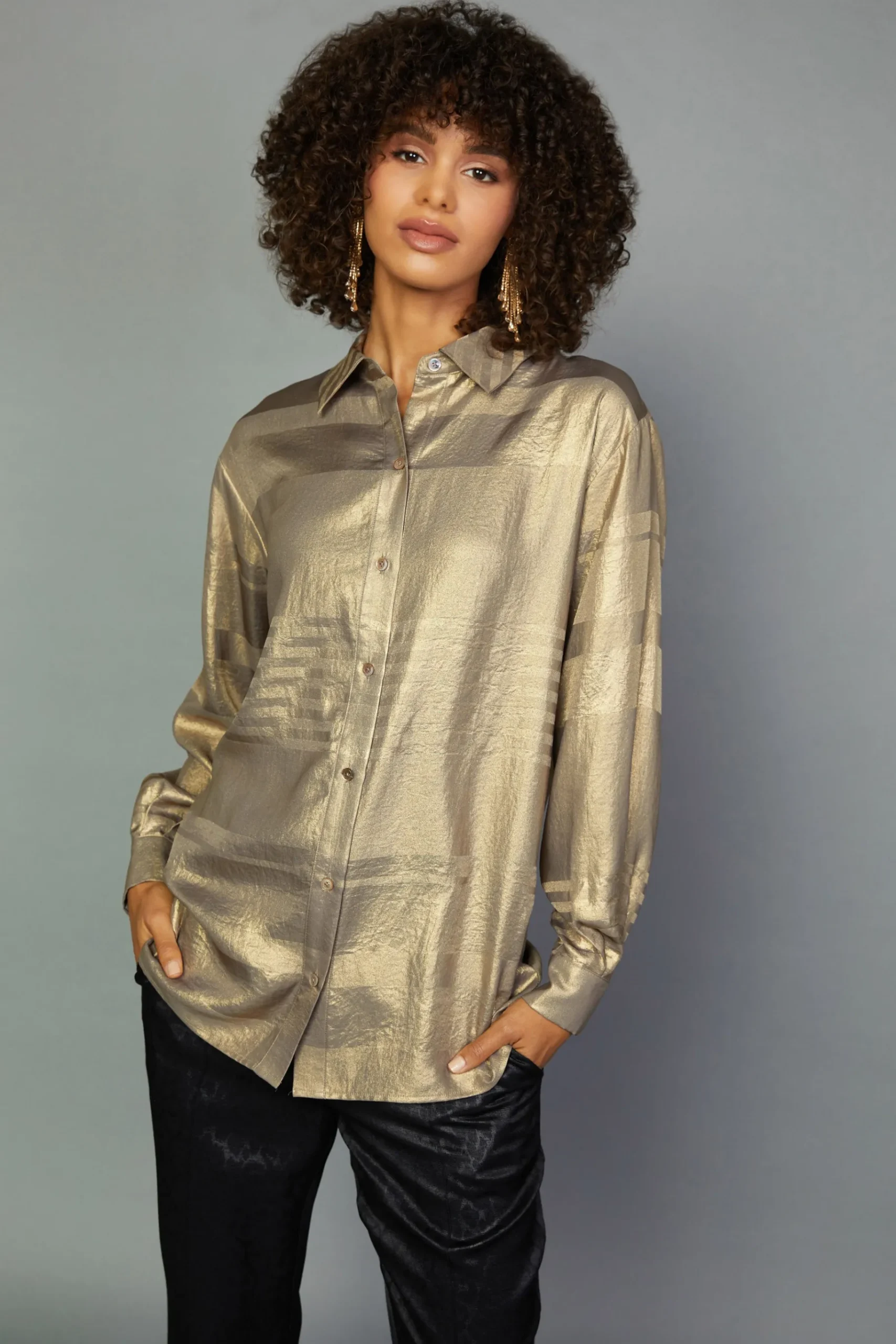 Clearance Metallic Button Down Top Women Long Sleeve Tops