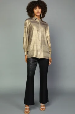 Clearance Metallic Button Down Top Women Long Sleeve Tops