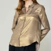 Discount Metallic Buttonup Shirt Women Long Sleeve Tops