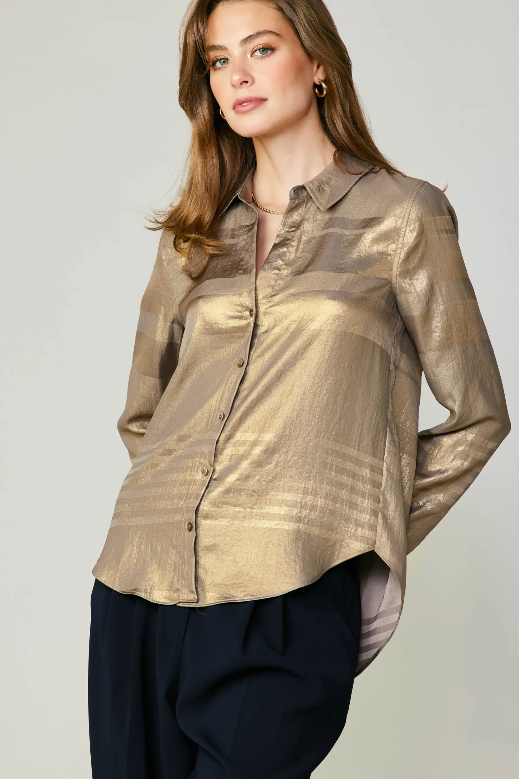 Discount Metallic Buttonup Shirt Women Long Sleeve Tops