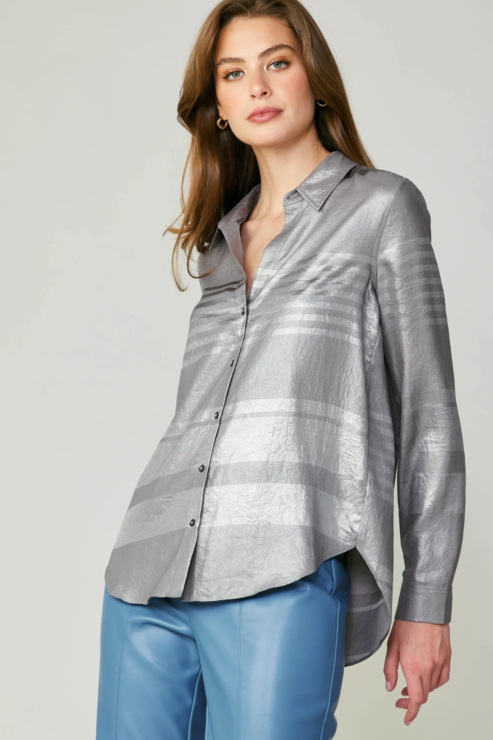Outlet Metallic Buttonup Shirt Women Long Sleeve Tops