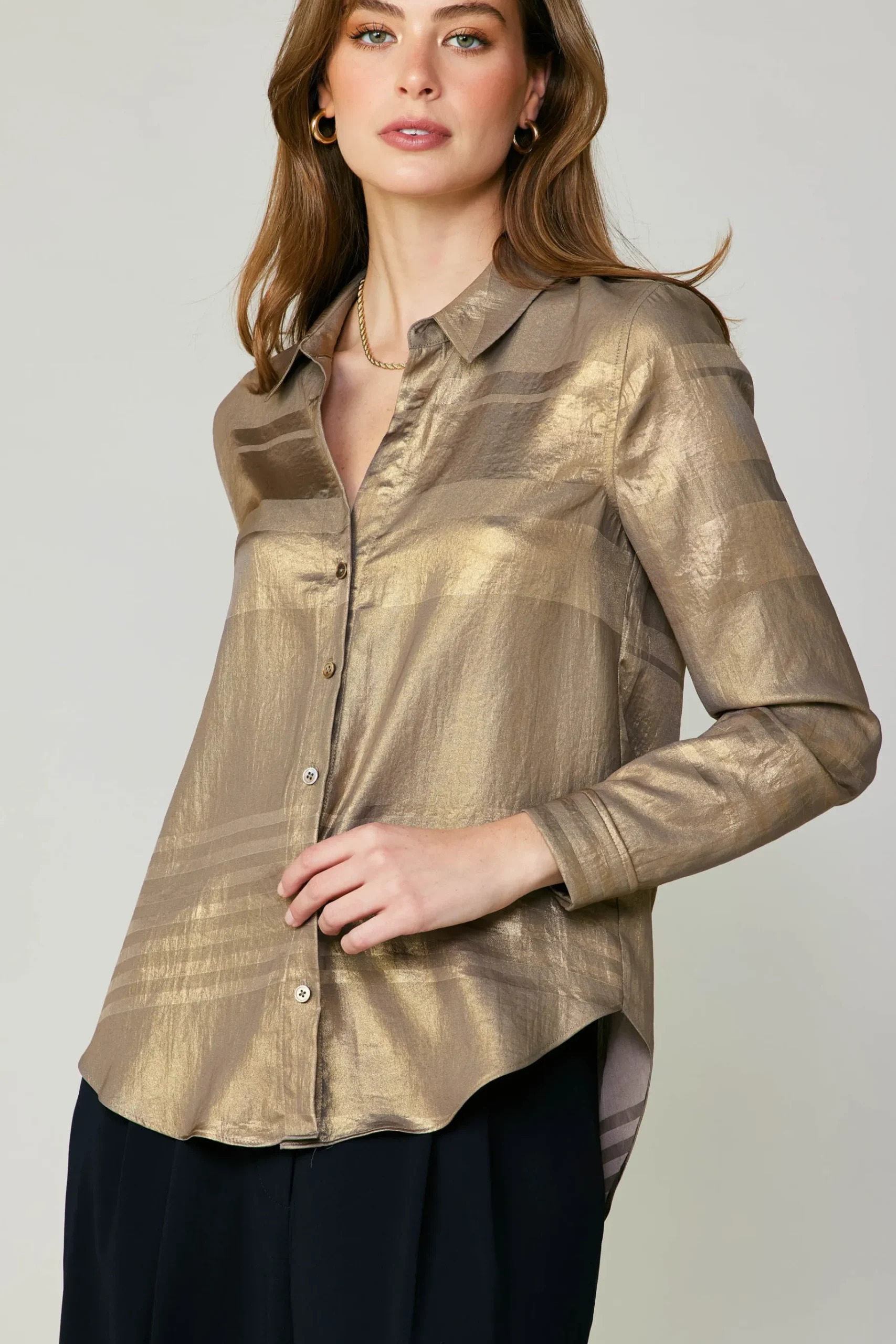 Discount Metallic Buttonup Shirt Women Long Sleeve Tops