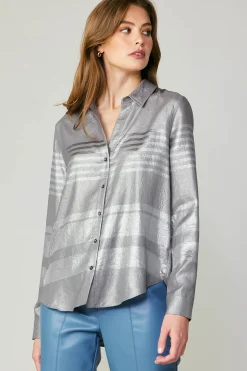 Outlet Metallic Buttonup Shirt Women Long Sleeve Tops