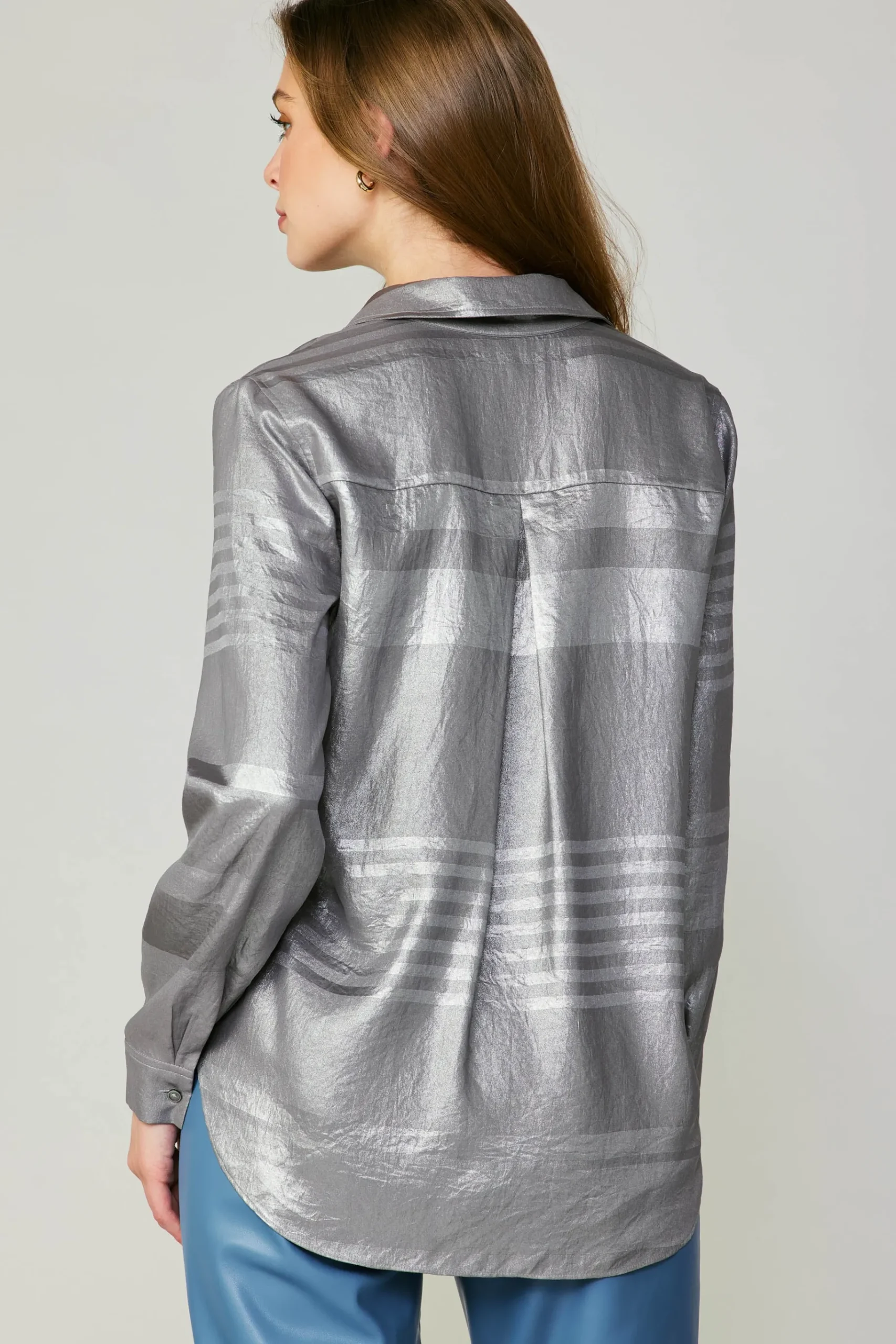 Outlet Metallic Buttonup Shirt Women Long Sleeve Tops