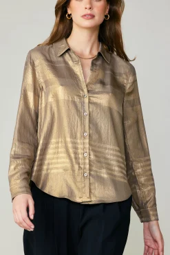 Discount Metallic Buttonup Shirt Women Long Sleeve Tops
