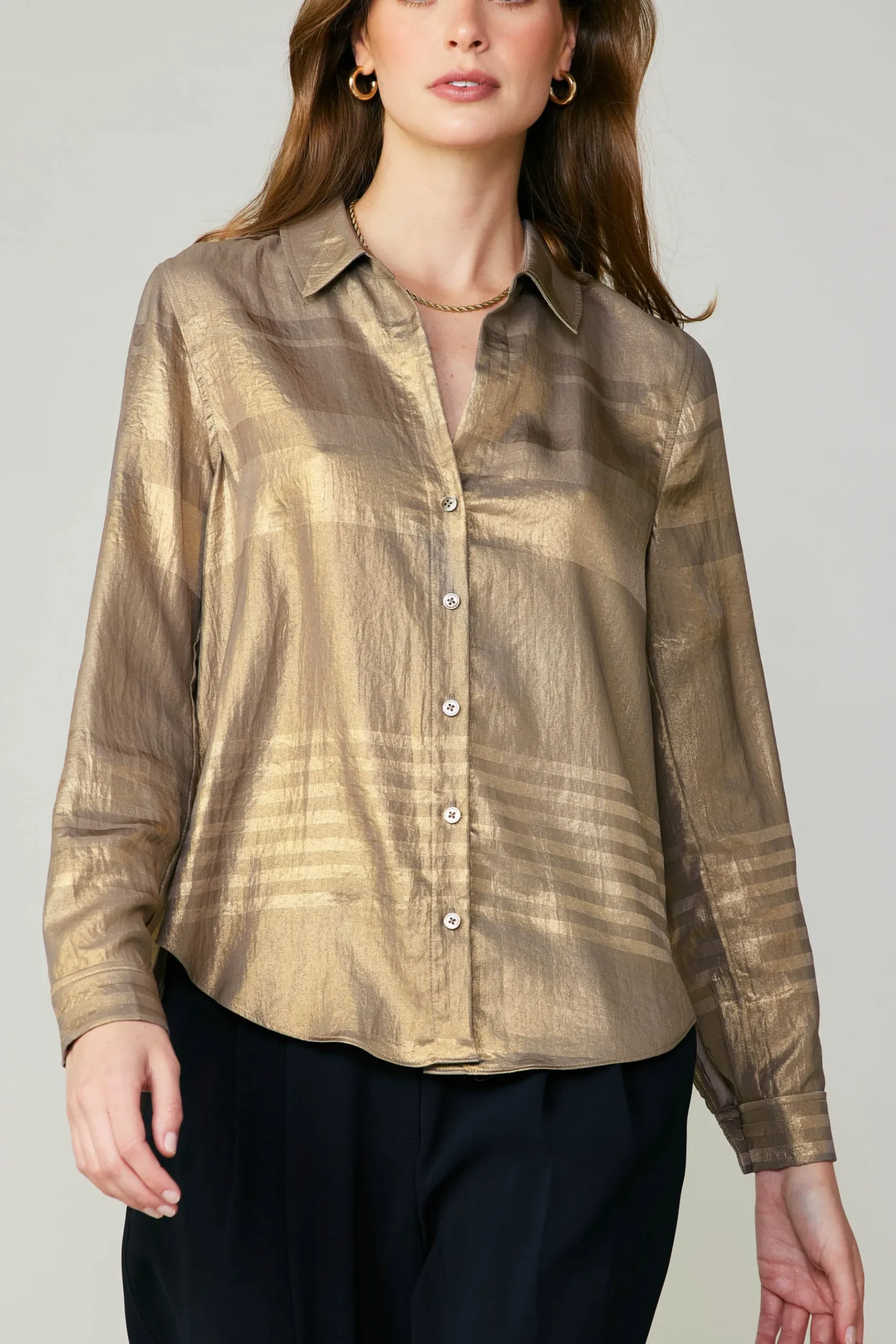 Discount Metallic Buttonup Shirt Women Long Sleeve Tops