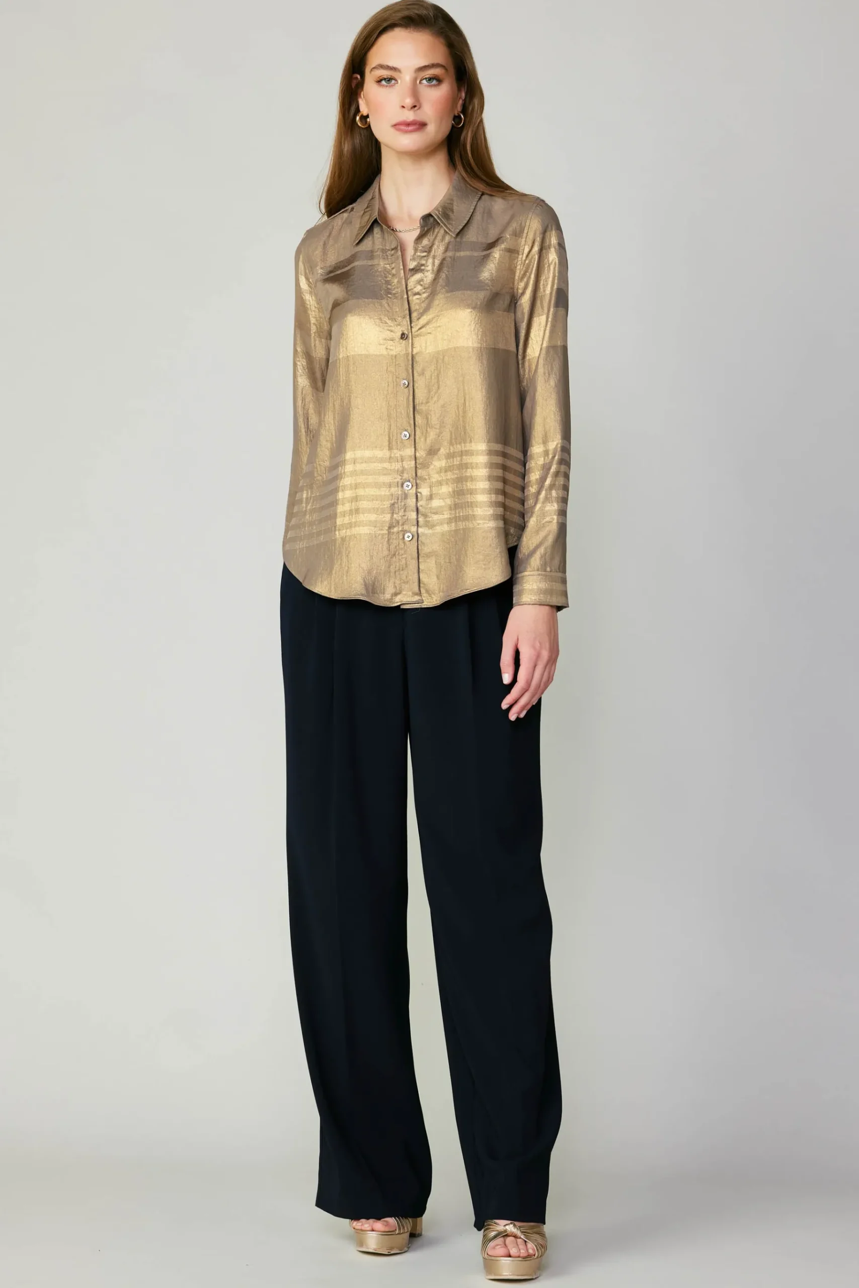 Discount Metallic Buttonup Shirt Women Long Sleeve Tops