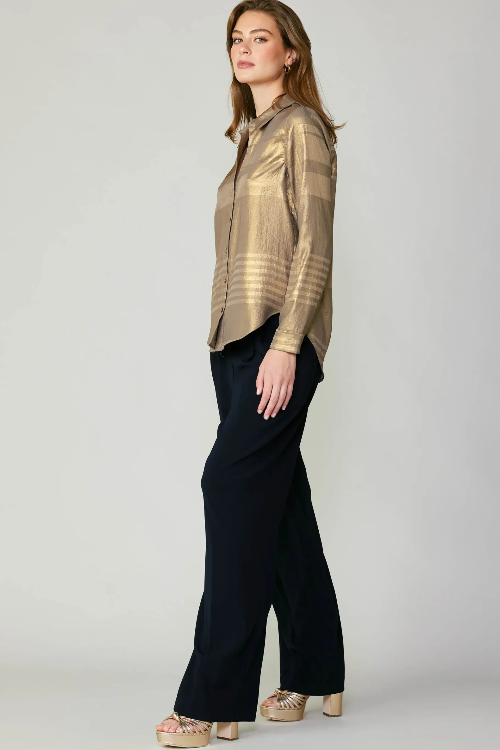 Discount Metallic Buttonup Shirt Women Long Sleeve Tops