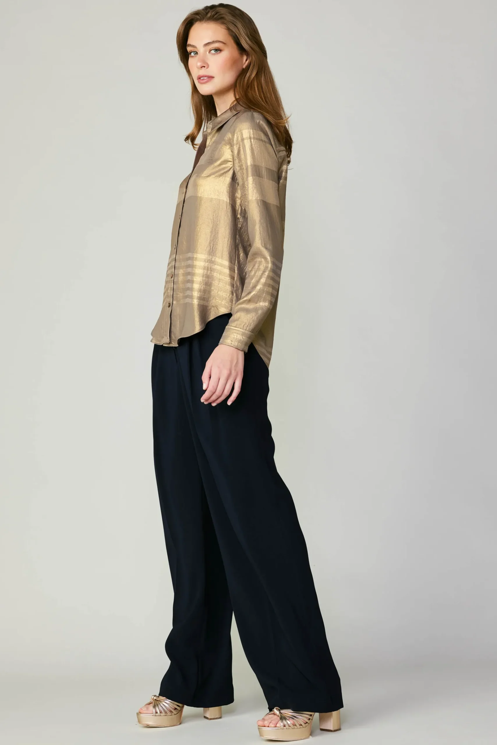 Discount Metallic Buttonup Shirt Women Long Sleeve Tops