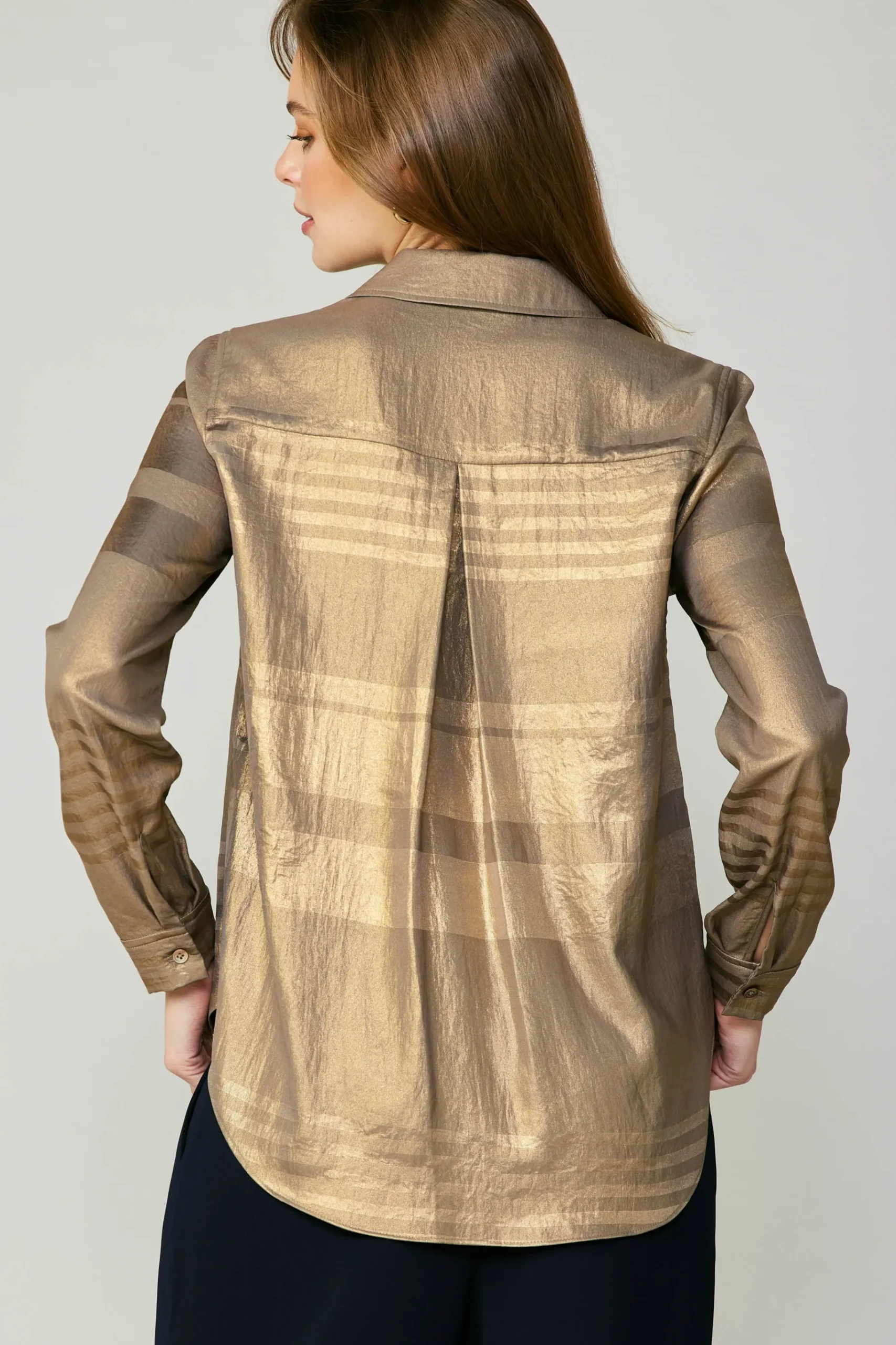 Discount Metallic Buttonup Shirt Women Long Sleeve Tops