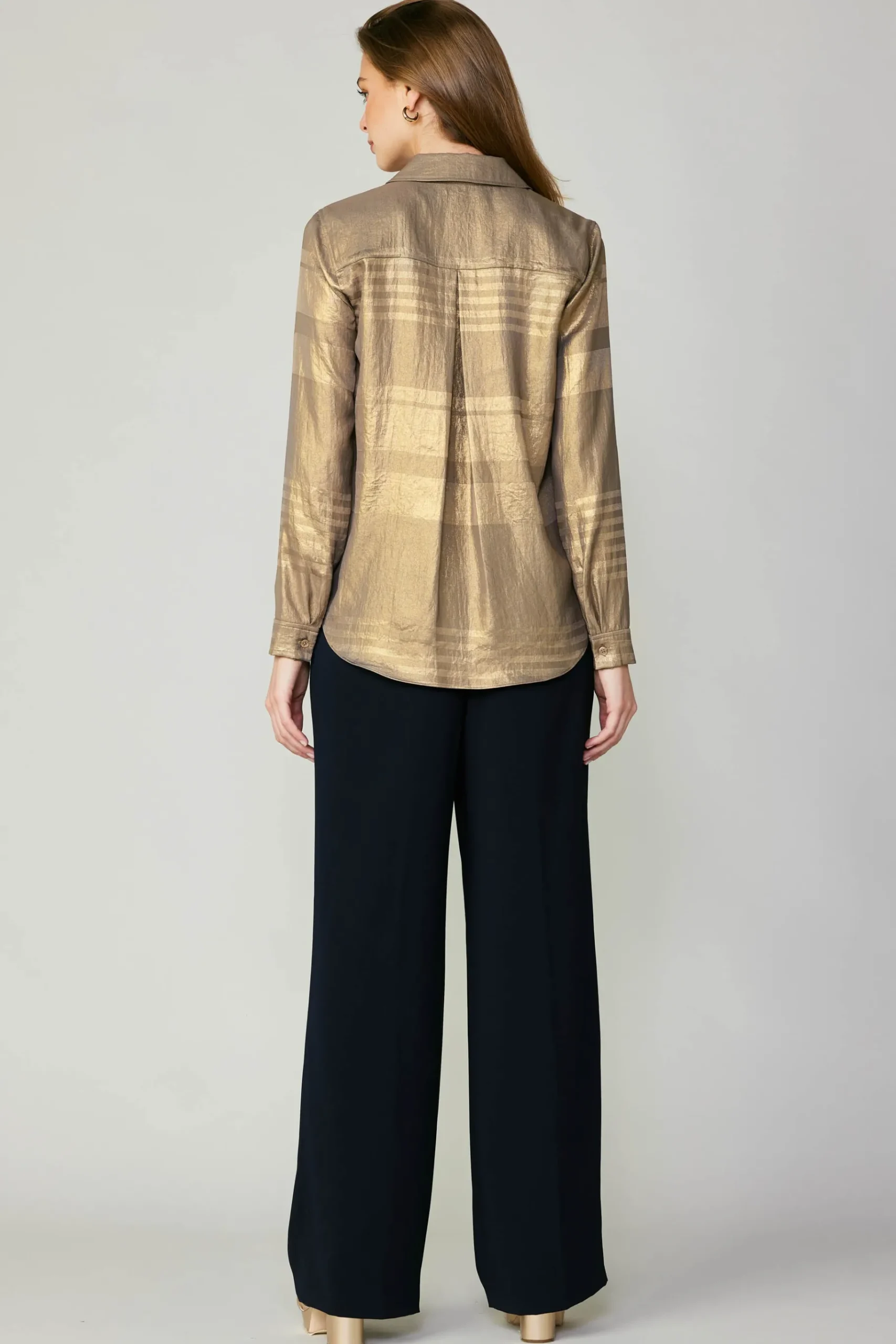 Discount Metallic Buttonup Shirt Women Long Sleeve Tops