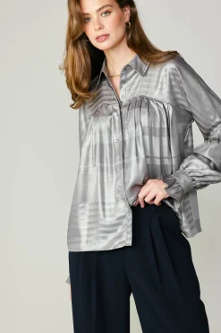 Best Metallic Pleated Shirt Women Long Sleeve Tops