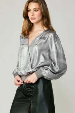 Online Metallic Surplice Blouse Women Long Sleeve Tops