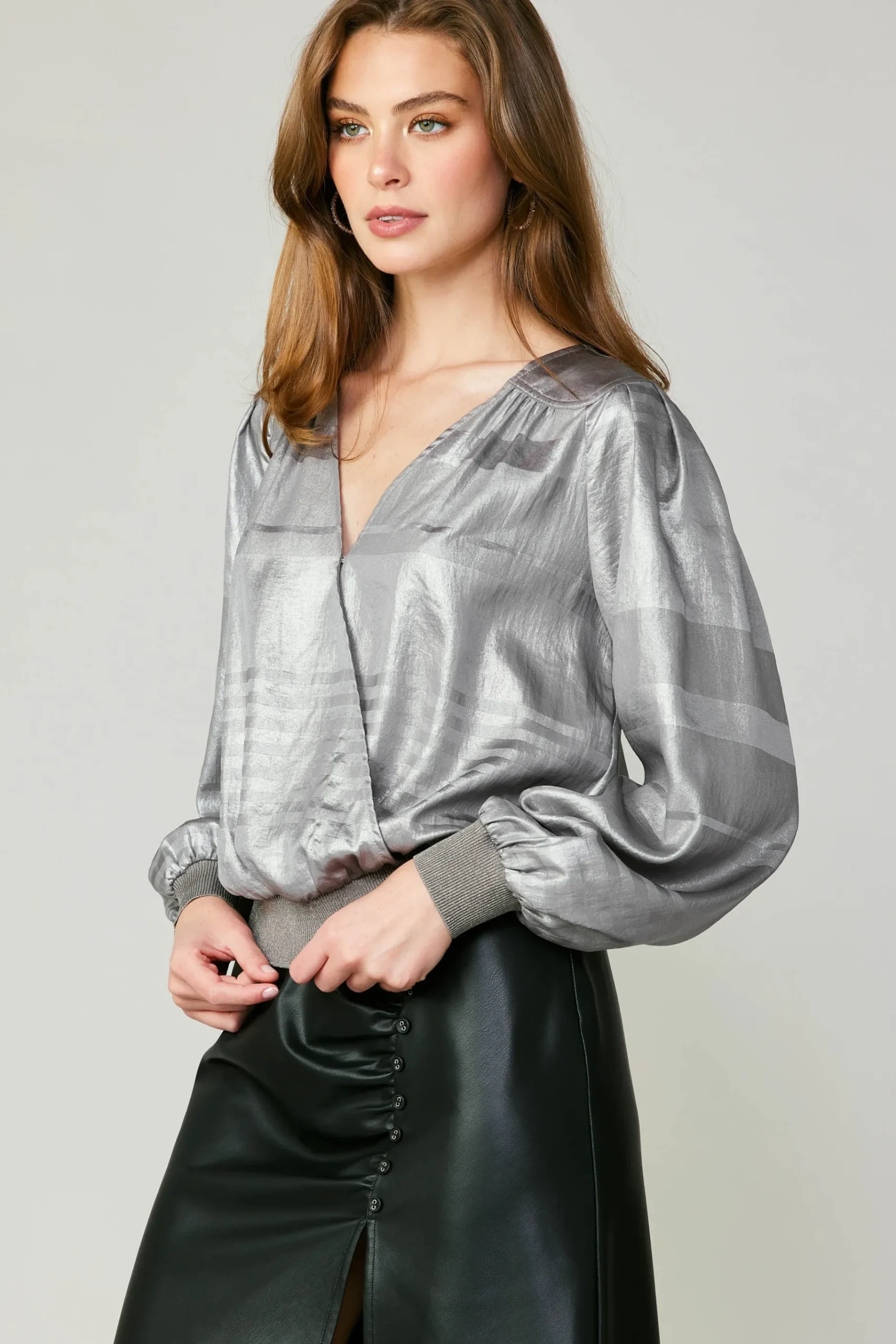 Online Metallic Surplice Blouse Women Long Sleeve Tops