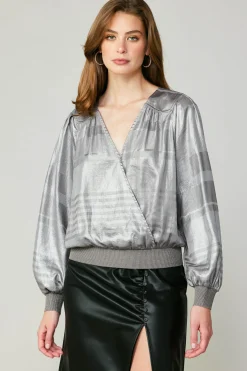 Online Metallic Surplice Blouse Women Long Sleeve Tops