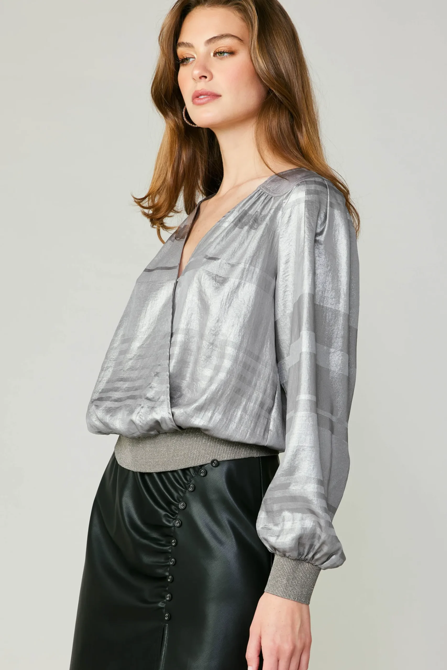 Online Metallic Surplice Blouse Women Long Sleeve Tops