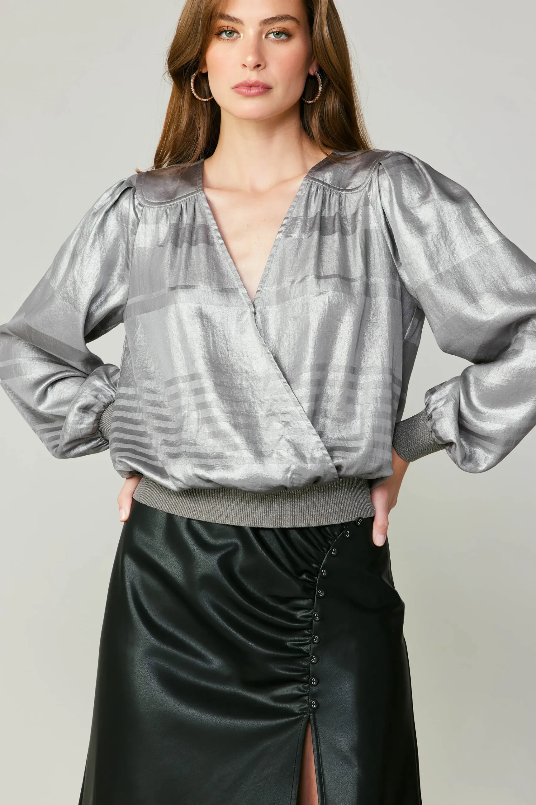 Online Metallic Surplice Blouse Women Long Sleeve Tops