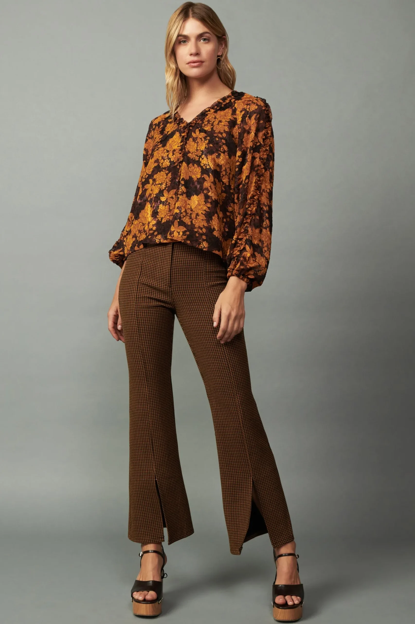 Clearance Orange Picot Stitch Blouse Women Long Sleeve Tops