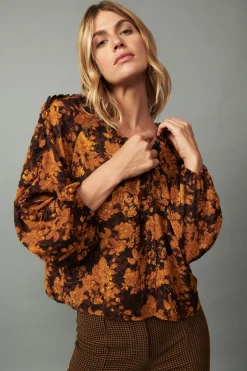 Clearance Orange Picot Stitch Blouse Women Long Sleeve Tops