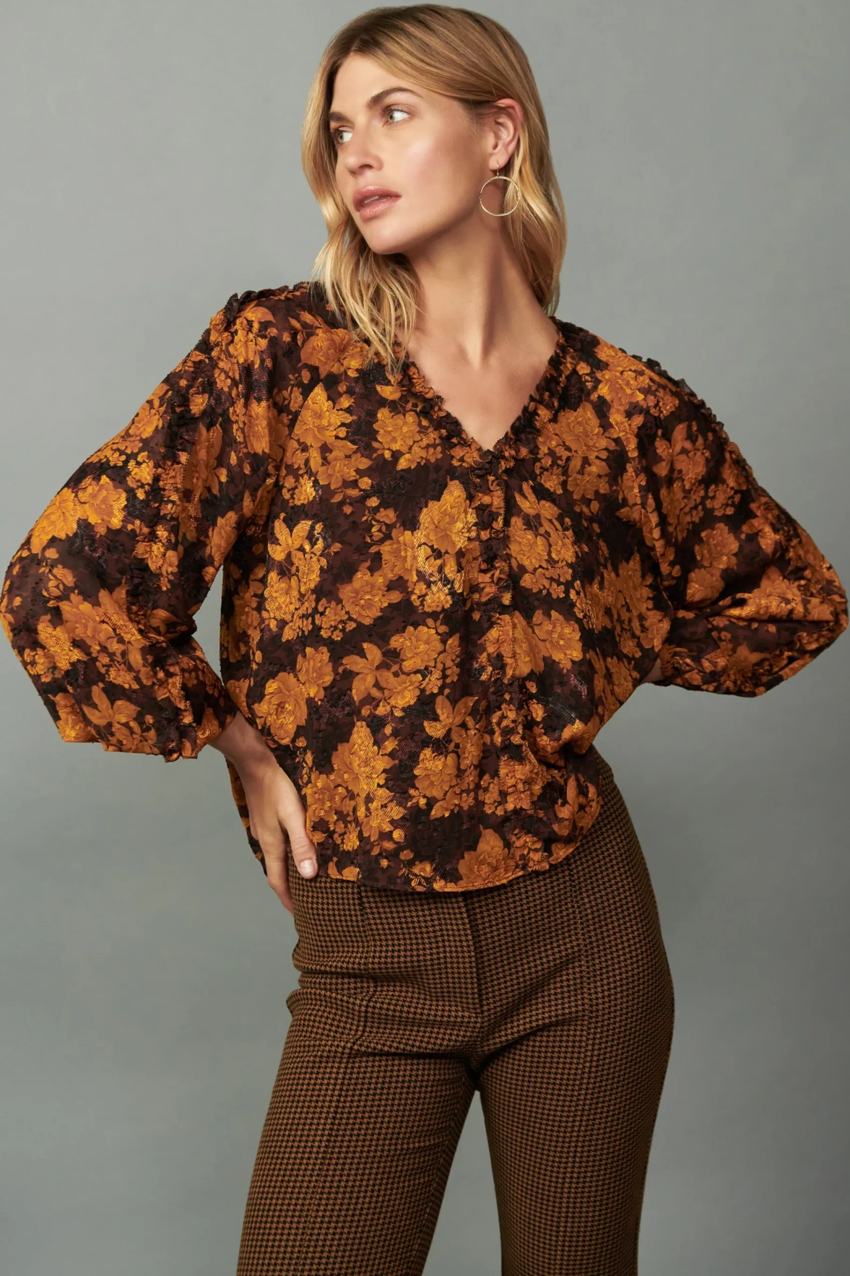 Clearance Orange Picot Stitch Blouse Women Long Sleeve Tops