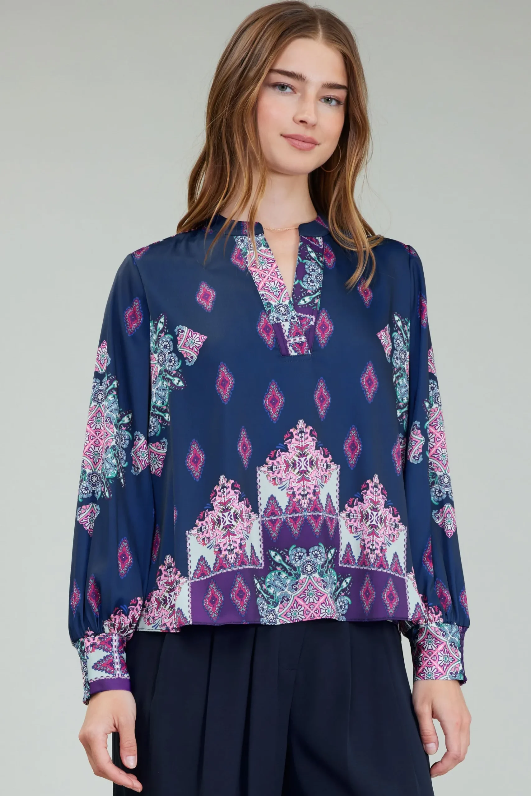 Online Ornate Border Print Blouse Women Long Sleeve Tops