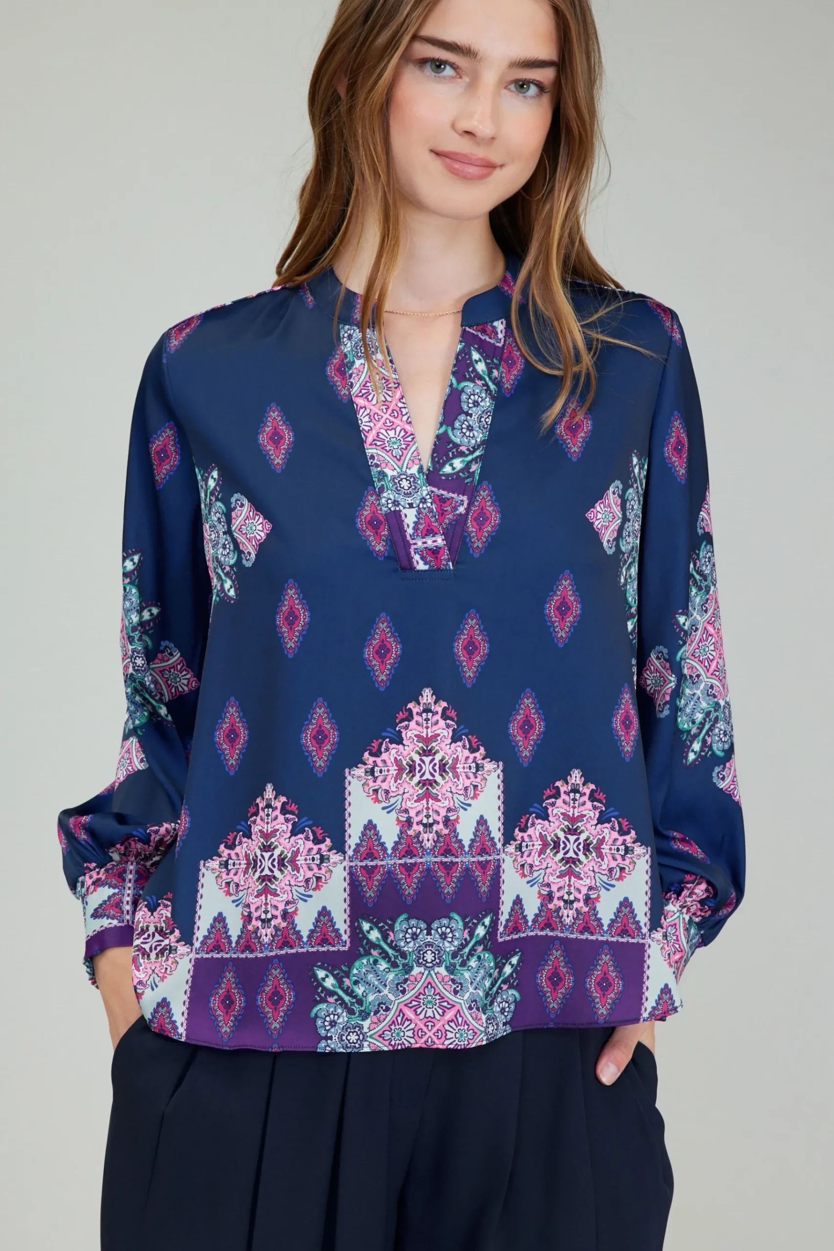 Online Ornate Border Print Blouse Women Long Sleeve Tops