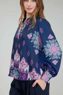 Online Ornate Border Print Blouse Women Long Sleeve Tops