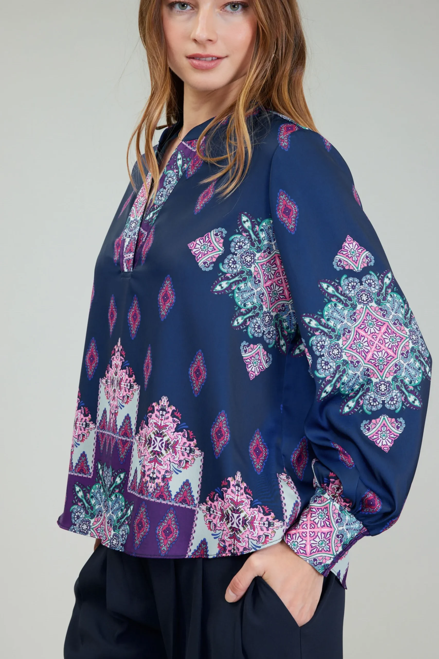 Online Ornate Border Print Blouse Women Long Sleeve Tops