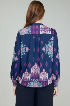 Online Ornate Border Print Blouse Women Long Sleeve Tops