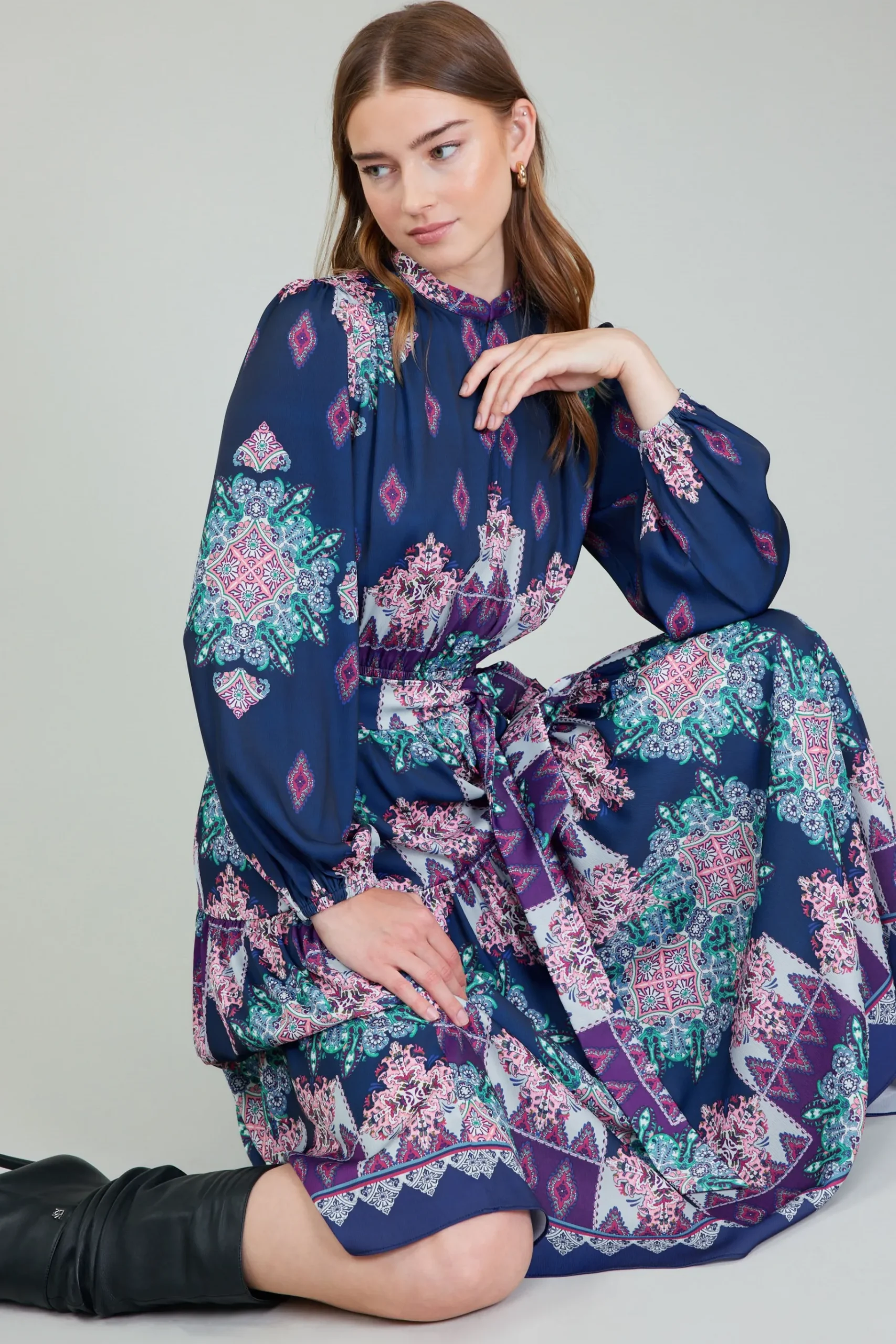 Hot Ornate Border Printed Midi Dress Women Midi Dresses