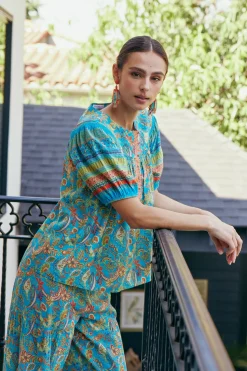 New Paisley Border Print Top Women Short Sleeve Tops
