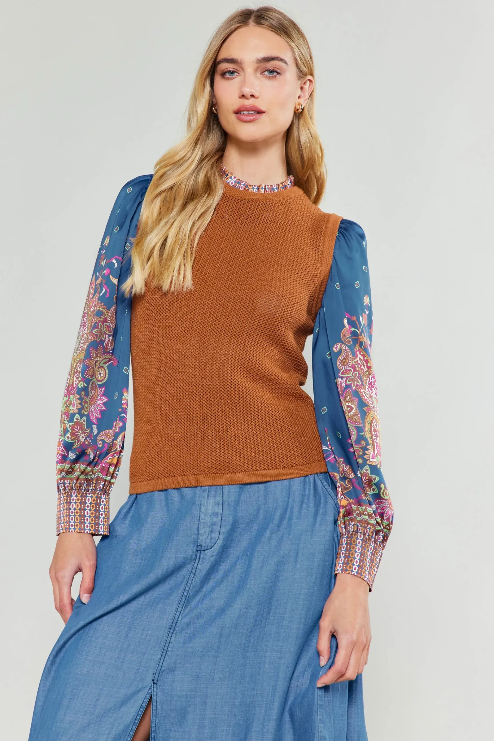 Sale Paisley Contrast Sleeve Knit Top Women Knitwear | Sweaters