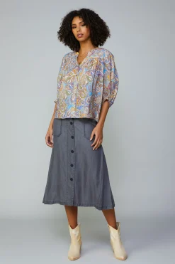Best Paisley Motif Button Blouse Women Long Sleeve Tops