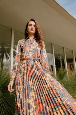 Discount Paisley Pleated Maxi Dress Women Maxi Dresses