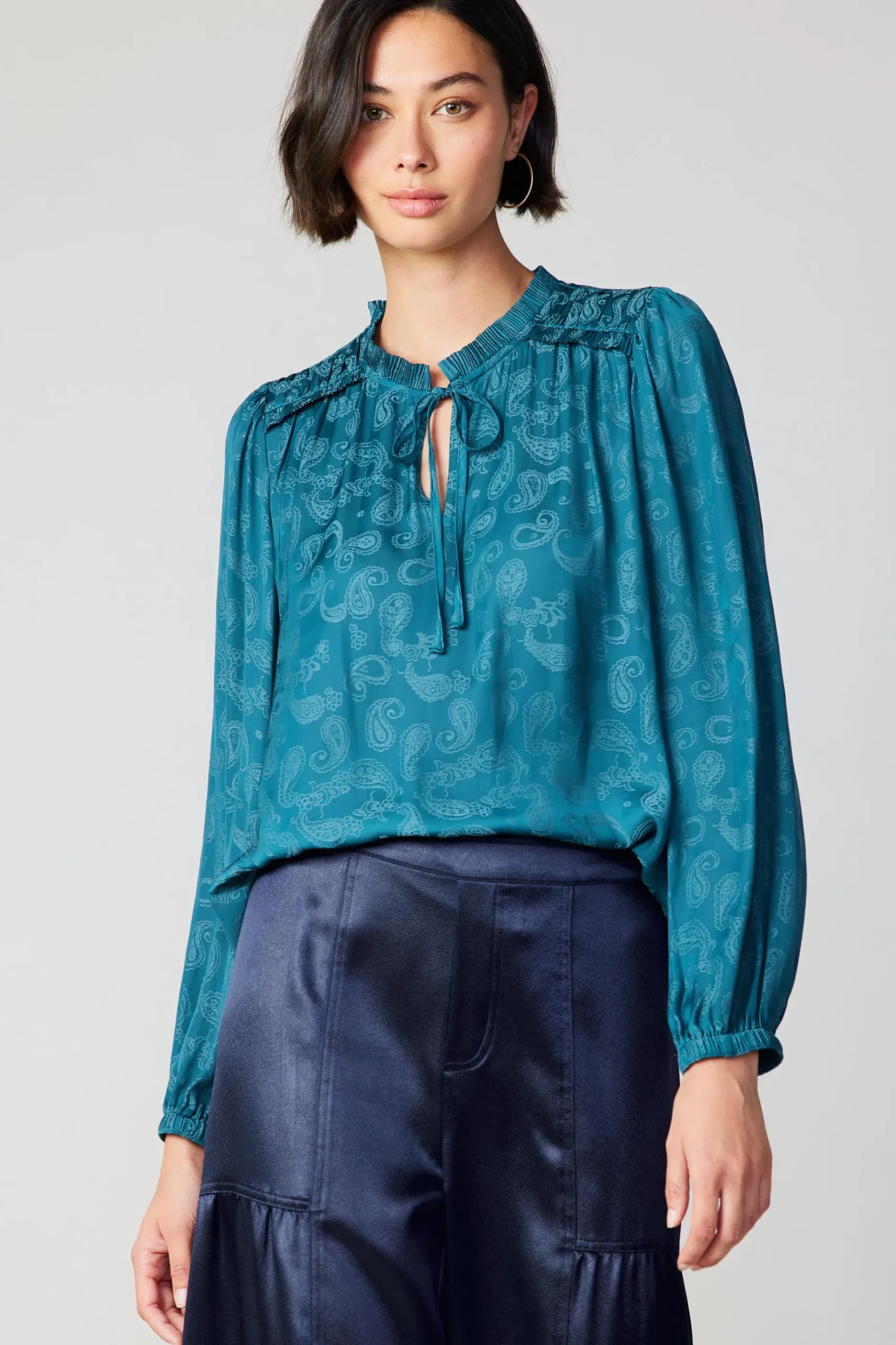 Online Paisley Split Neck Blouse Women Long Sleeve Tops