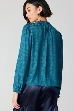 Online Paisley Split Neck Blouse Women Long Sleeve Tops
