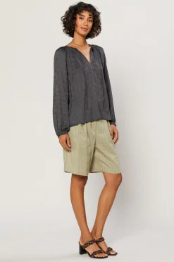 New Paisley Split Neck Top Women Long Sleeve Tops