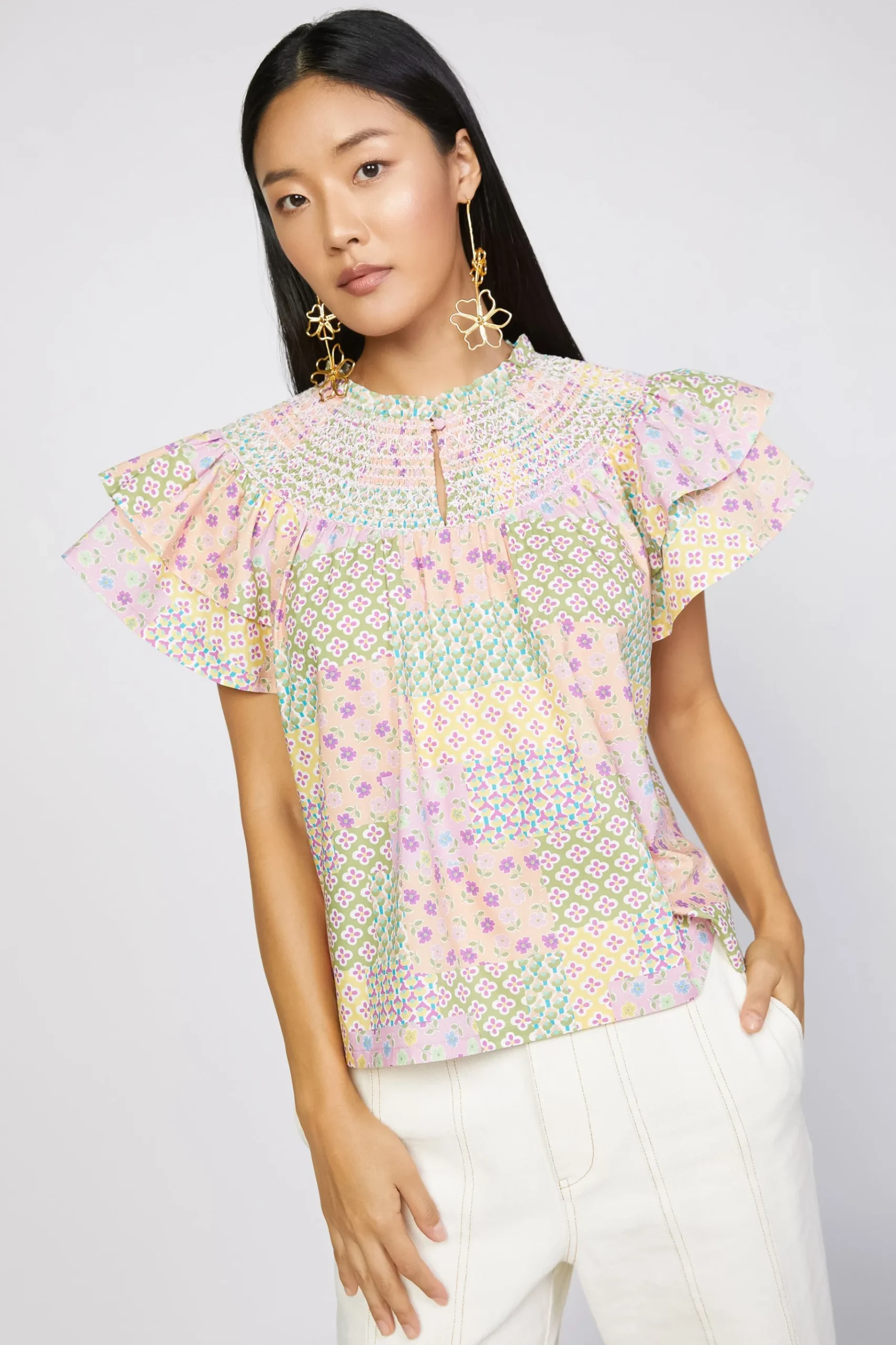 Discount Patchwork Flutter Sleeve Top Women Short Sleeve Tops