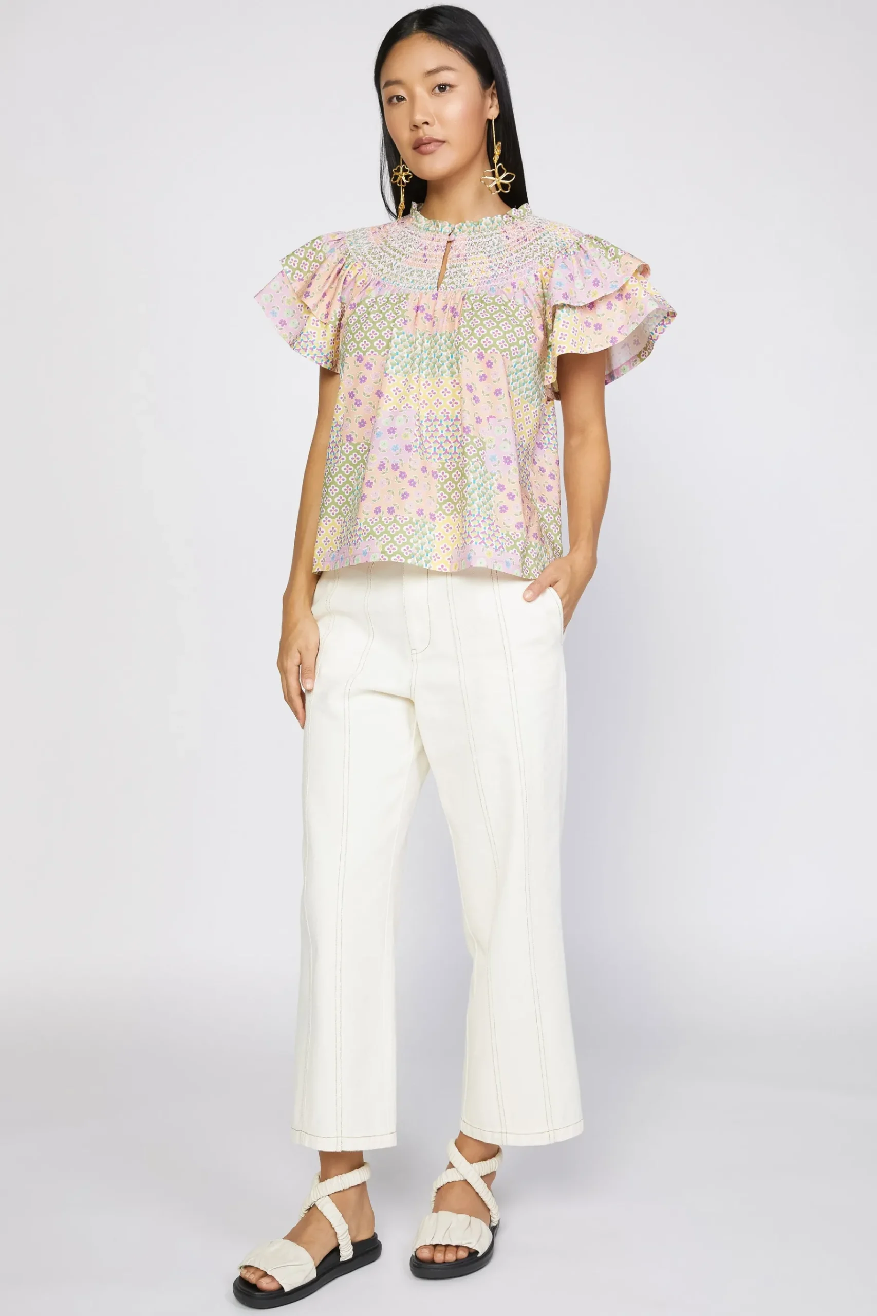 Discount Patchwork Flutter Sleeve Top Women Short Sleeve Tops