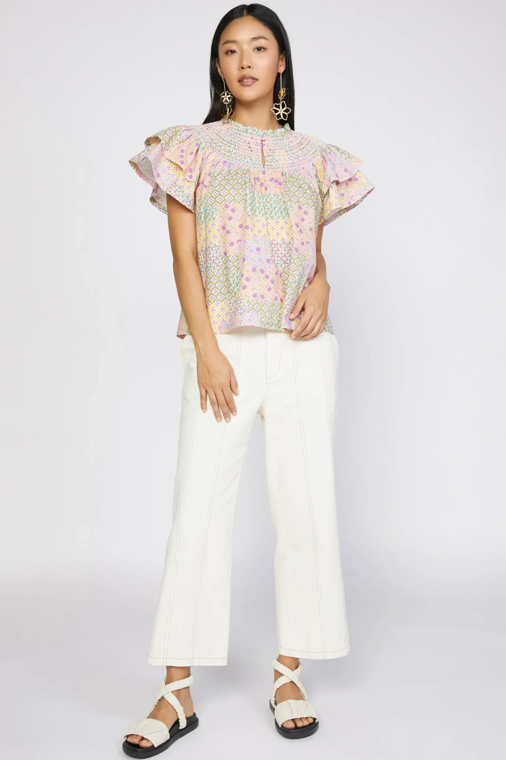 Discount Patchwork Flutter Sleeve Top Women Short Sleeve Tops