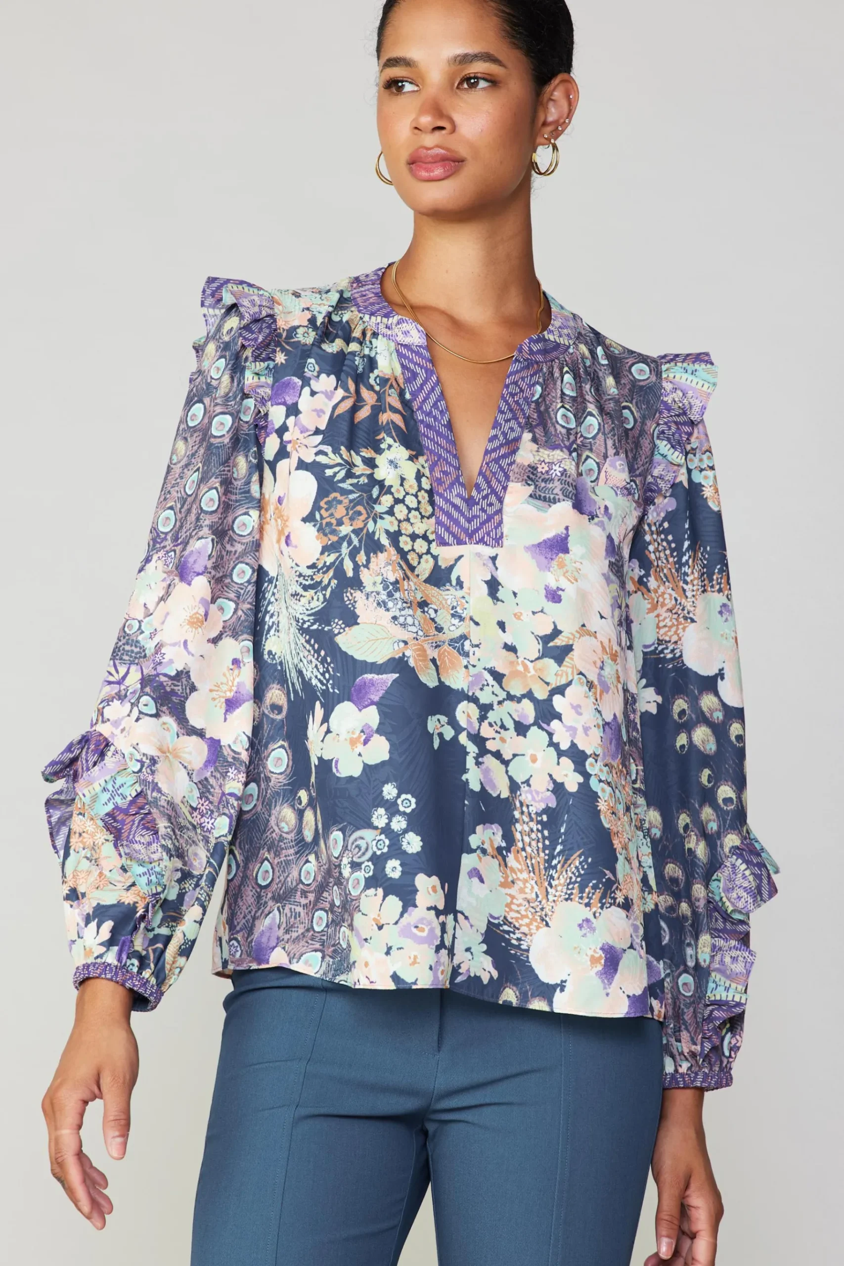 Best Peacock Floral Blouse Women Long Sleeve Tops