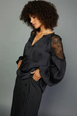 Best Peekaboo Lace Blouse Women Long Sleeve Tops