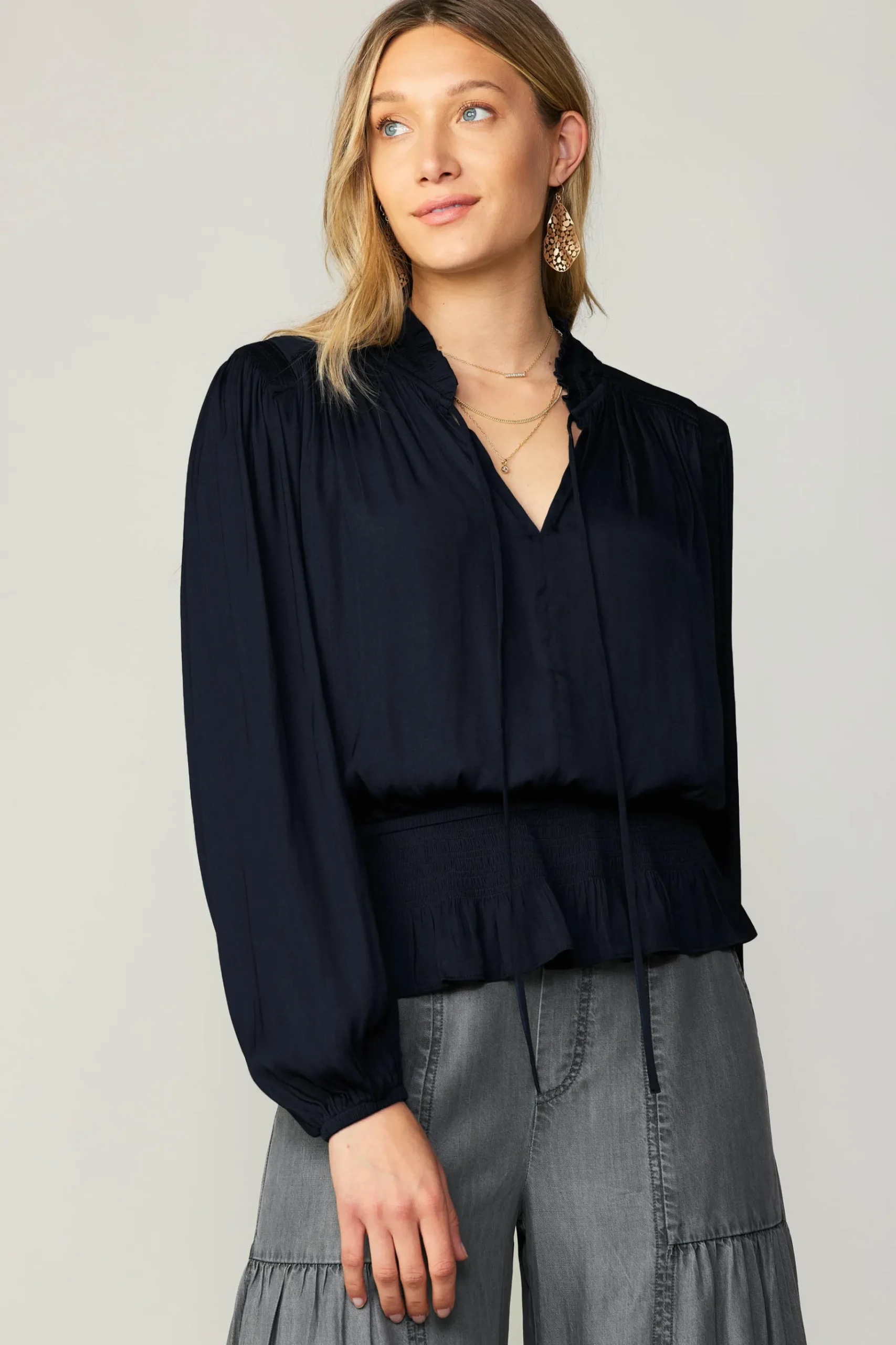 Hot Peplum Collared Blouse Women Long Sleeve Tops