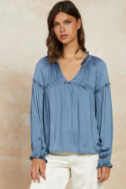Discount Picot Ruffled Blouse Women Long Sleeve Tops
