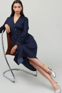 Discount Pinstriped Buttondown Midi Dress Women Midi Dresses