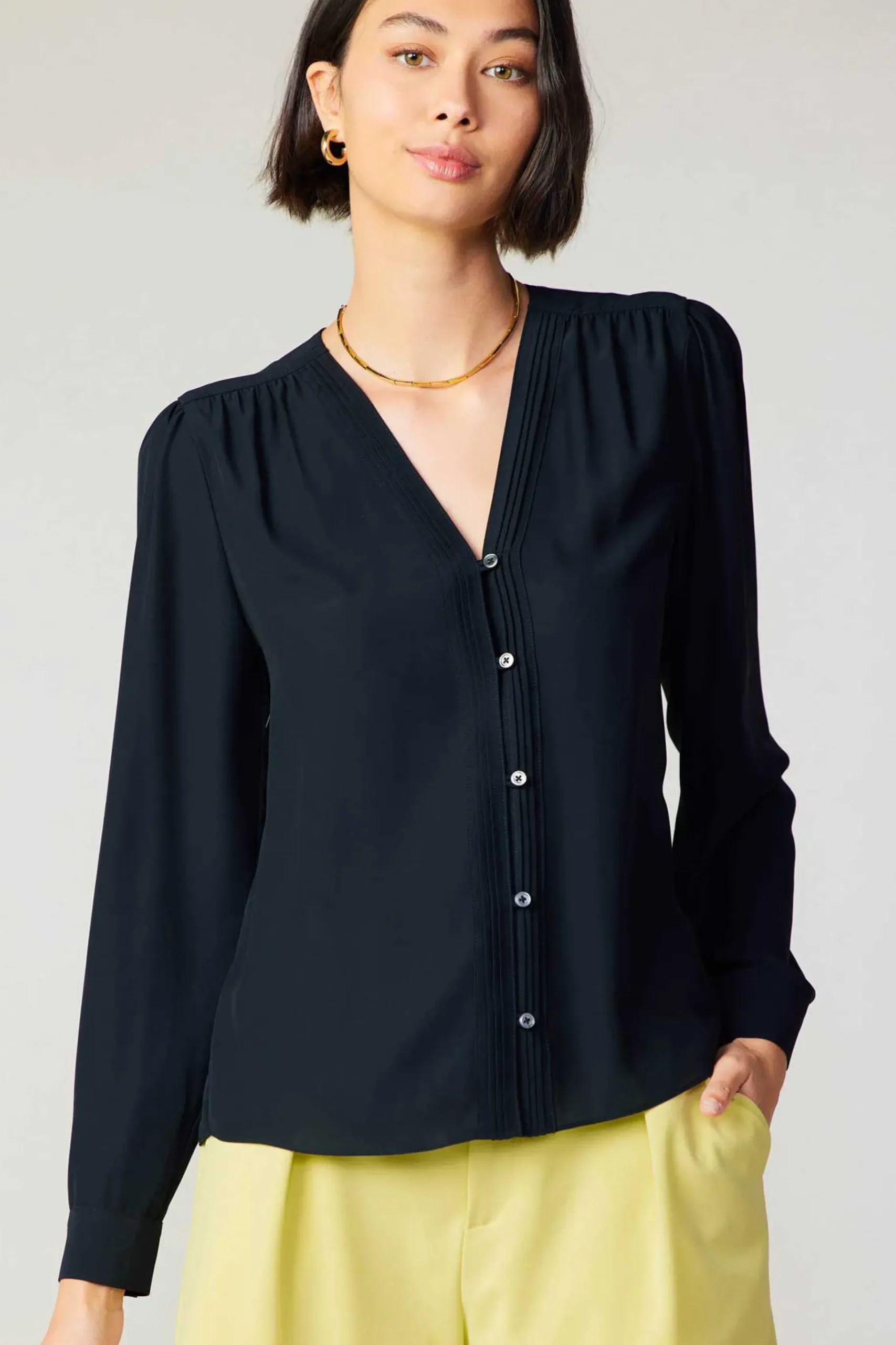 Discount Pleat Detail Buttondown Shirt Women Long Sleeve Tops