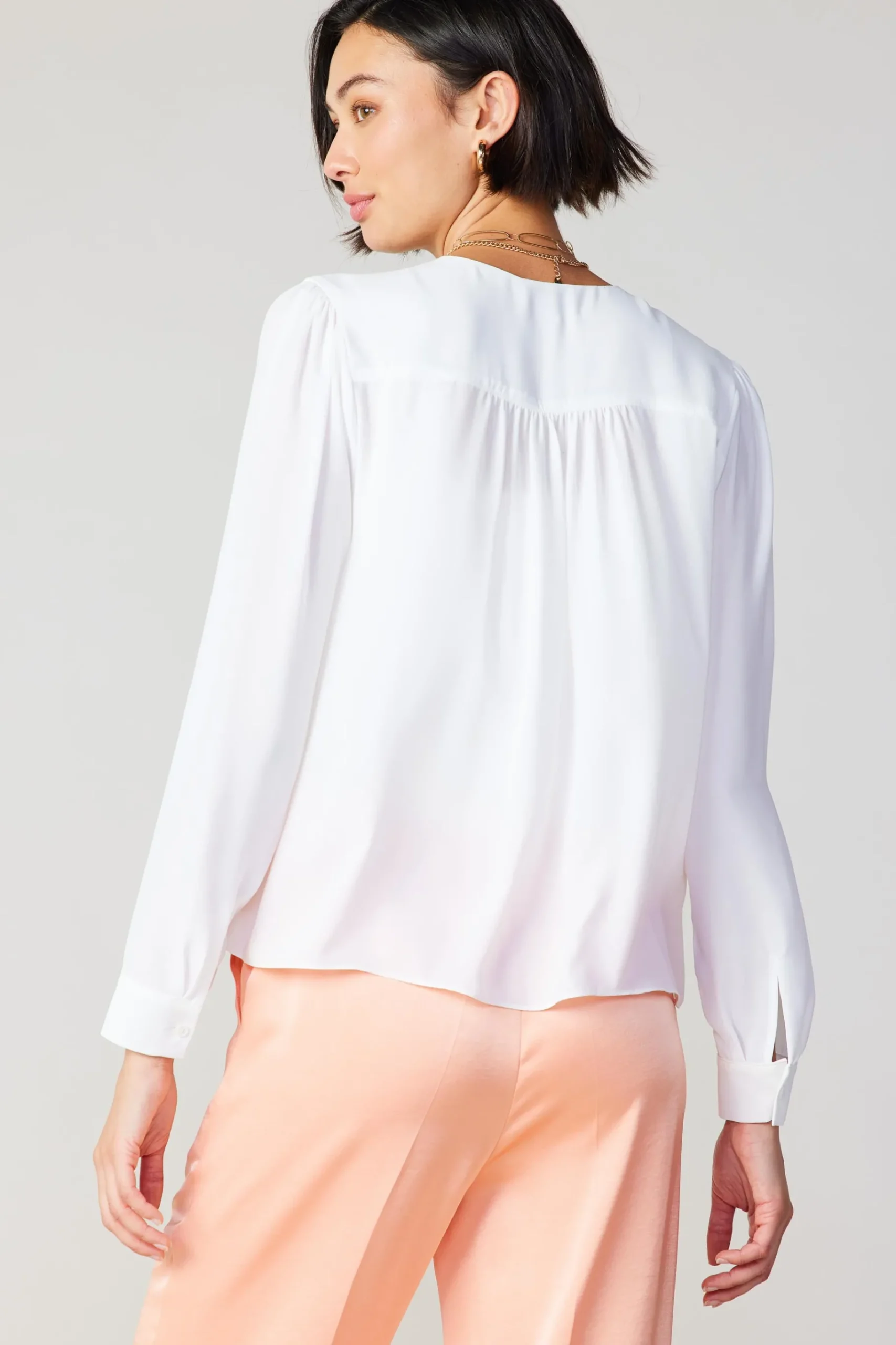Fashion Pleat Detail Buttondown Shirt Women Long Sleeve Tops