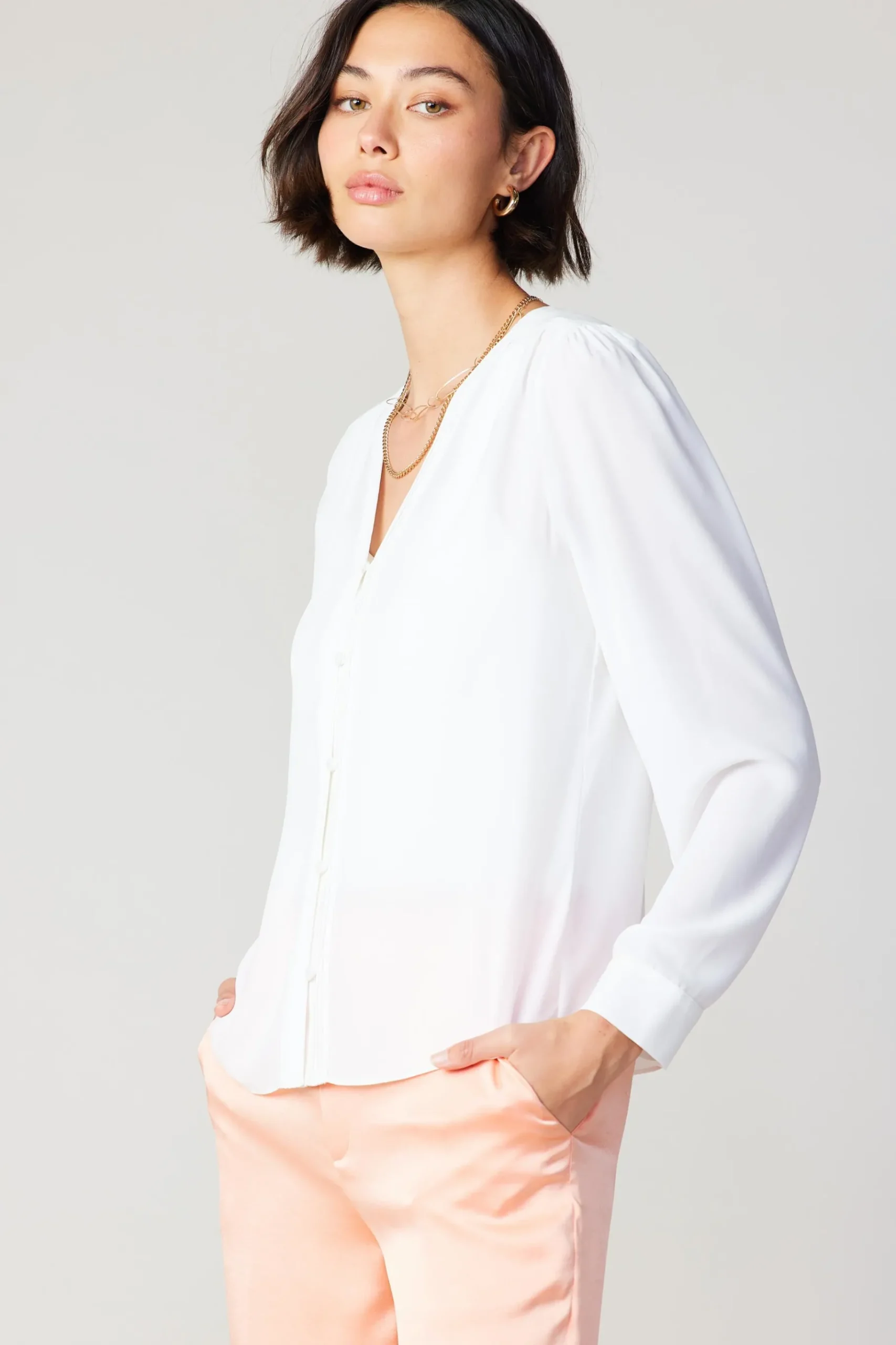 Fashion Pleat Detail Buttondown Shirt Women Long Sleeve Tops