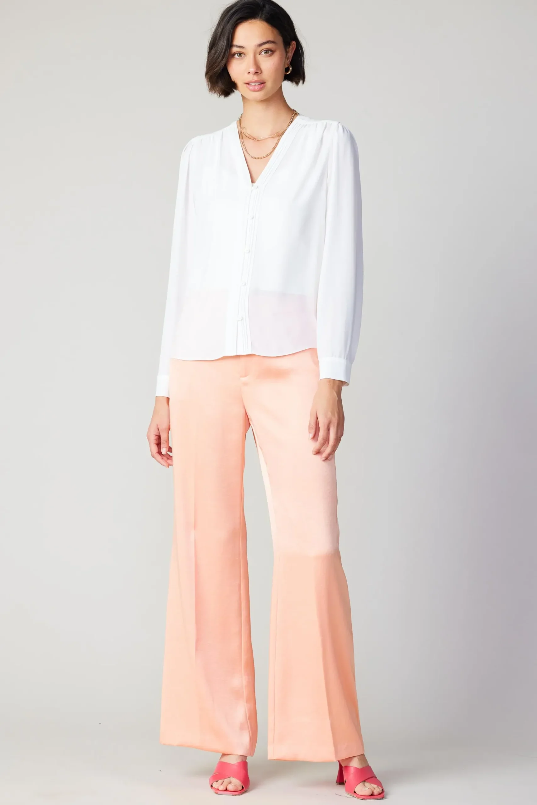 Fashion Pleat Detail Buttondown Shirt Women Long Sleeve Tops